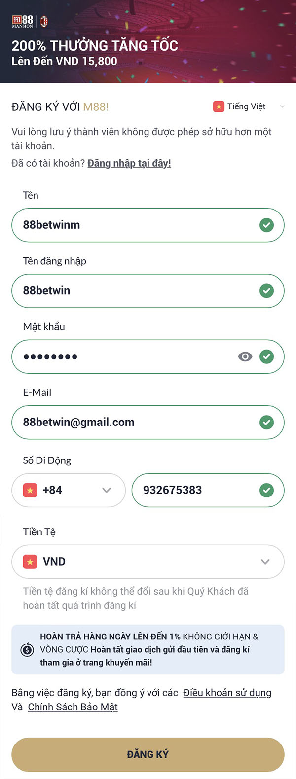 Điền thông tin đăng ký M88 Điền thông tin đăng ký M88